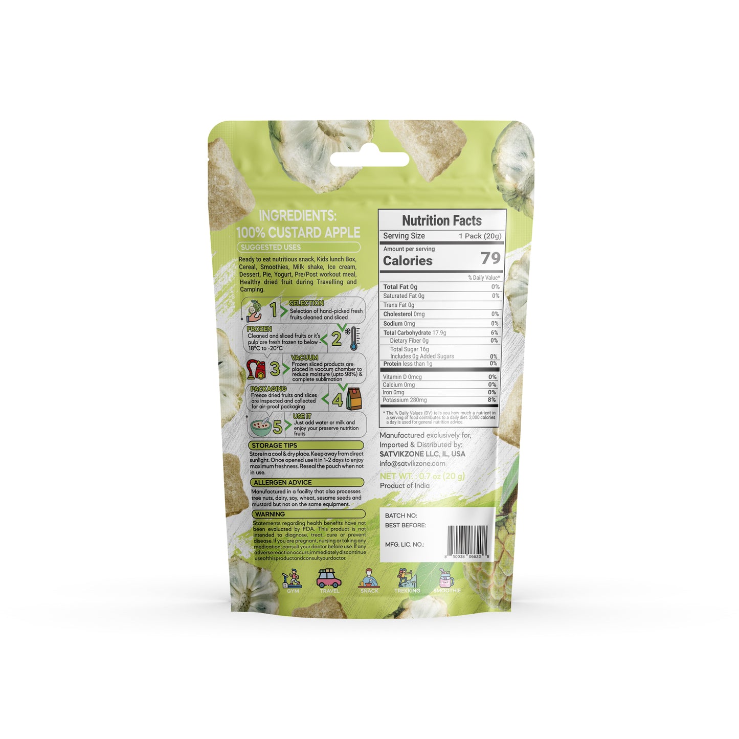 Freeze Dried Custard Apple (Sitafal), 100% Natural, Ready-to-Eat Fruit Snack, Vegan, Non GMO, No added Sugars