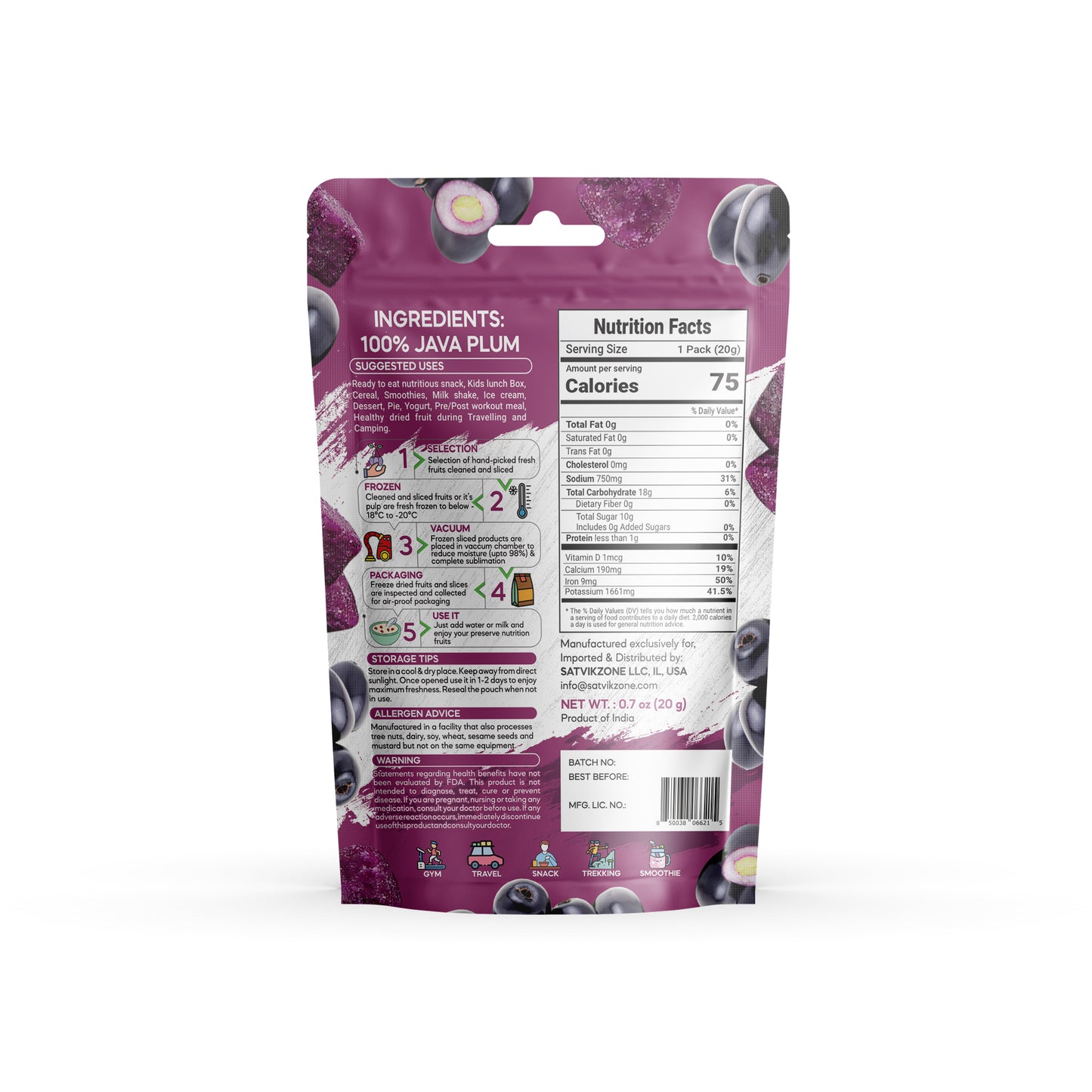 Freeze Dried Java Plum, 100% Natural, Ready-to-Eat Fruit Snack, Vegan, Non GMO, No added Sugars