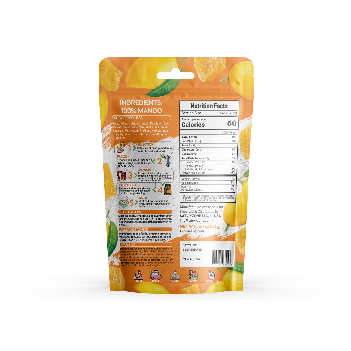 Freeze Dried Mango, 100% Natural, Ready-to-Eat Fruit Snack, Vegan, Non GMO, No added Sugars