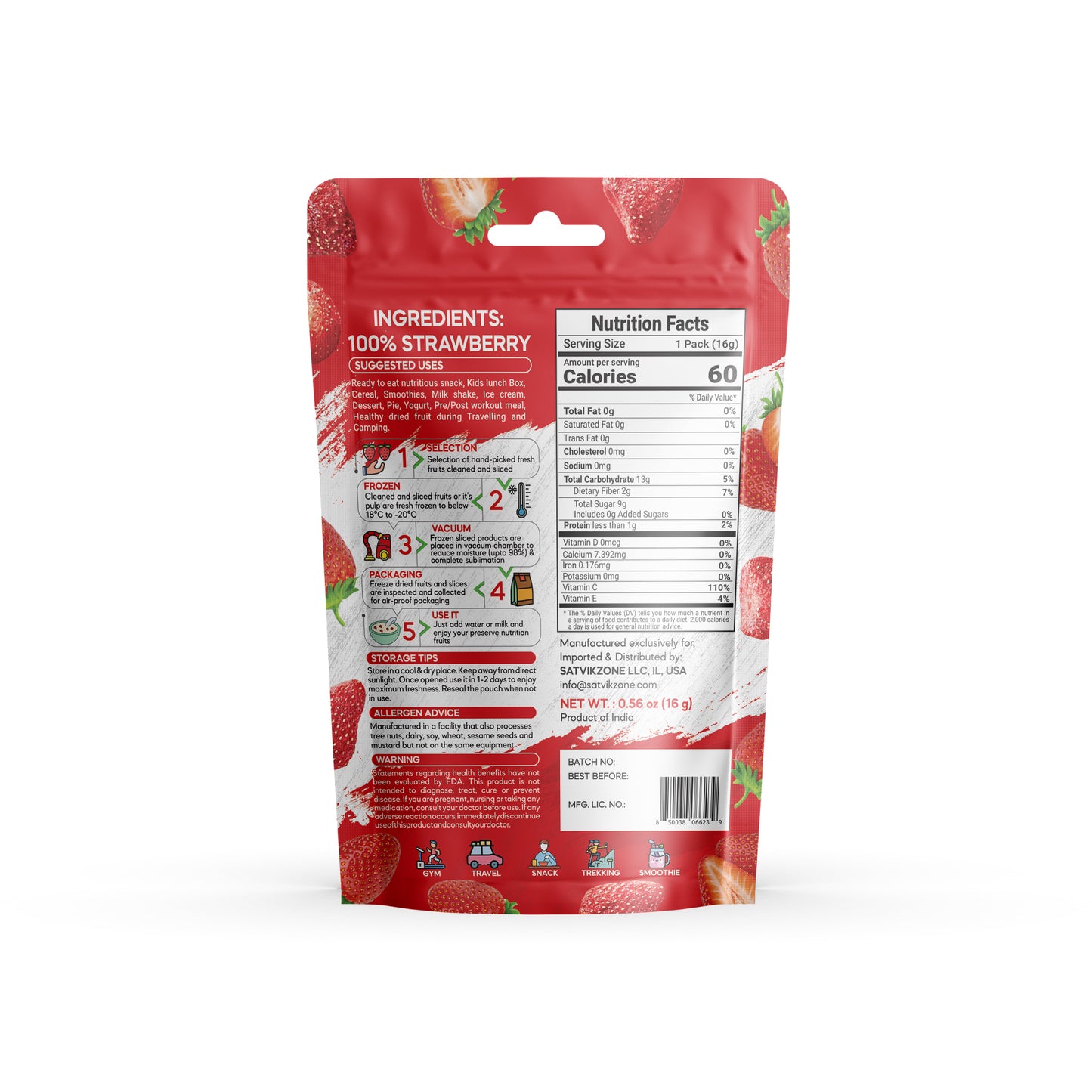 Freeze Dried Strawberry, 100% Natural, Ready-to-Eat Fruit Snack, Vegan, Non GMO, No added Sugars