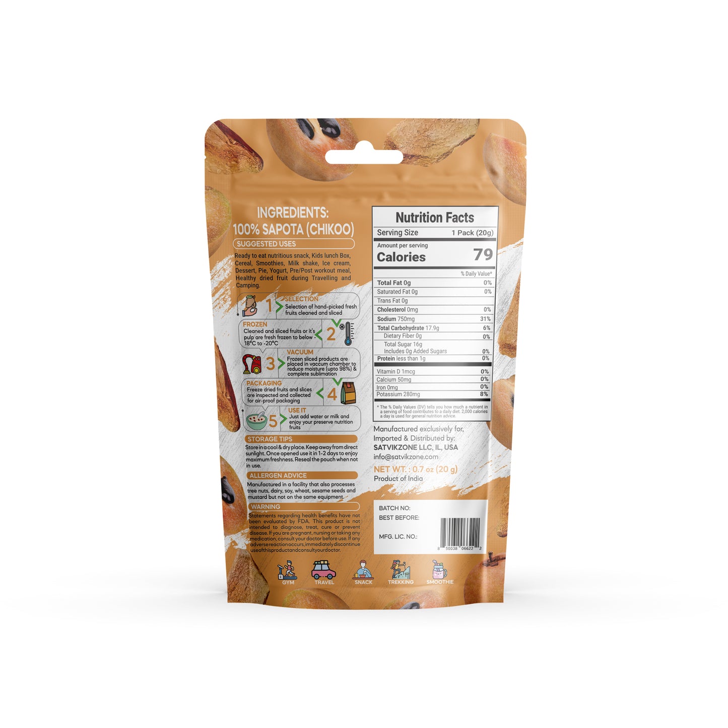 Freeze Dried Sapota (Chikko), 100% Natural, Ready-to-Eat Fruit Snack, Vegan, Non GMO, No added Sugars