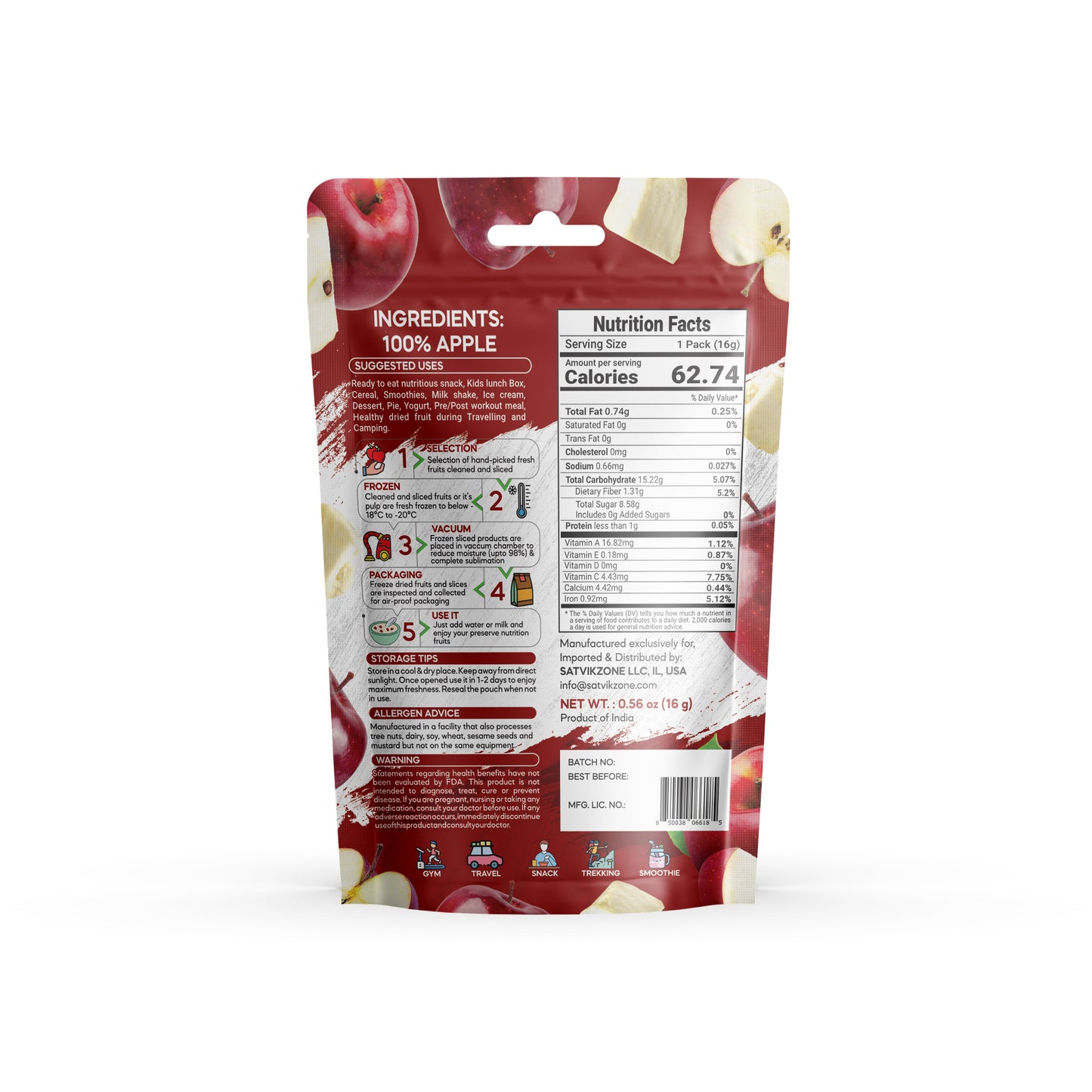 Freeze Dried Apple, 100% Natural, Ready-to-Eat Fruit Snack, Vegan, Non GMO, No added Sugars