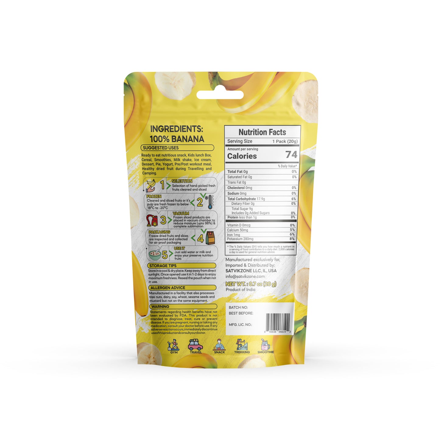 Freeze Dried Banana, 100% Natural, Ready-to-Eat Fruit Snack, Vegan, Non GMO, No added Sugars