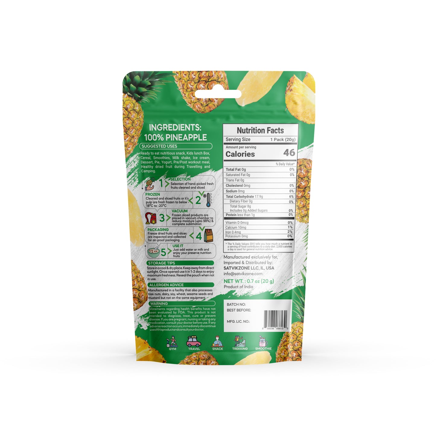 Freeze Dried Pineapple, 100% Natural, Ready-to-Eat Fruit Snack, Vegan, Non GMO, No added Sugars
